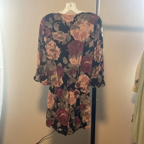 Lulu's Floral V-Neck Romper - Black and Pink - Picture 2 of 5